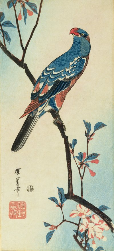 Papegaai op een Tak door Ando or Utagawa Hiroshige