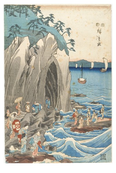 Bedevaart naar de tentoonstelling van het Benzaiten-beeld in het hoofdheiligdom van Iwaya in Enoshima in de provincie Sagami door Ando or Utagawa Hiroshige