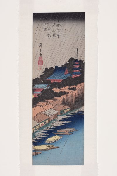 Regen bij Azuma-brug onder Kinryuzan-tempel in Asakusa door Ando or Utagawa Hiroshige