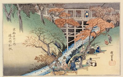 Rode esdoornbladeren bij Tsuten-brug, uit de serie "Beroemde plaatsen van Kyoto" door Ando or Utagawa Hiroshige