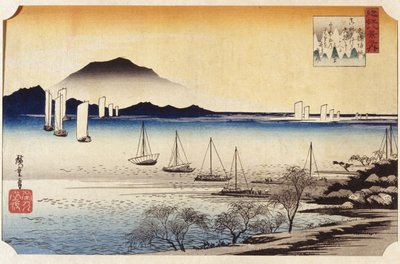 Terugkerende zeilen bij Yabase door Ando or Utagawa Hiroshige