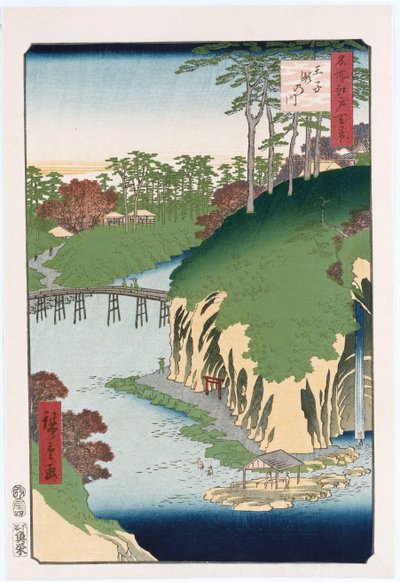Rivier van watervallen, Oji, uit de serie "Honderd uitzichten van beroemde plaatsen in Edo" door Ando or Utagawa Hiroshige
