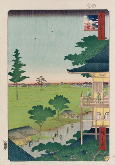 Sazai Hall, Vijfhonderd Raken [Tempel], uit de serie "Honderd Zichten op Beroemde Plaatsen in Edo" door Ando or Utagawa Hiroshige