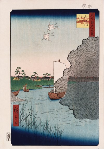 Verspreide dennen langs de Tone-rivier, uit de serie Honderd uitzichten van beroemde plaatsen in Edo door Ando or Utagawa Hiroshige