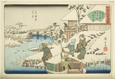 Sneeuw bekijken bij de Mokubo-ji Tempel: Het Uekiya Restaurant (Mokubo-ji yukimi, Uekiya) door Ando or Utagawa Hiroshige