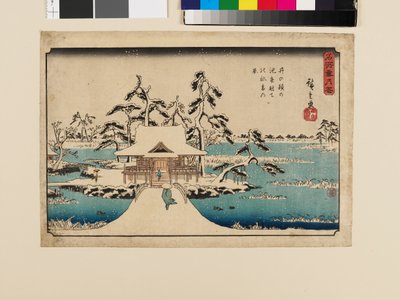 Sneeuw bij Benten Shrine aan de Inokashira vijver door Ando or Utagawa Hiroshige
