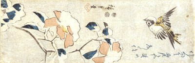 Mus en met sneeuw beladen camelia door Ando or Utagawa Hiroshige