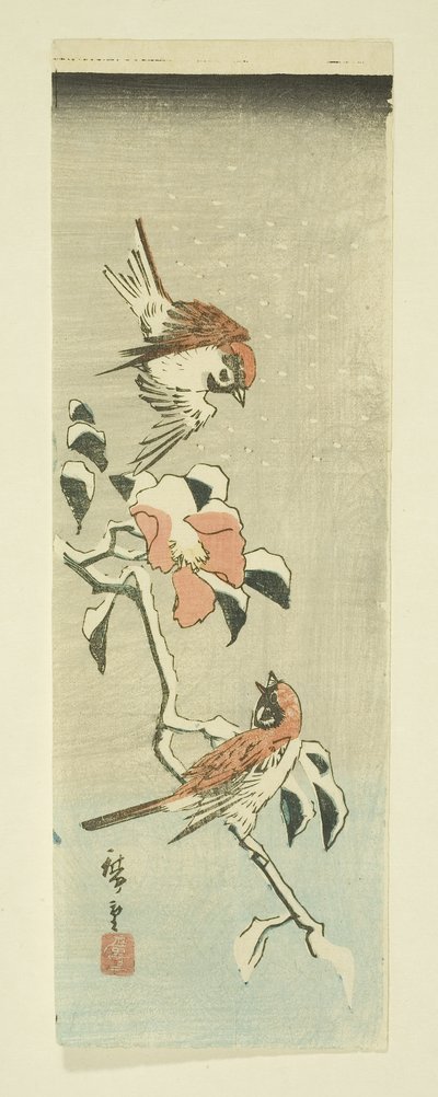 Mussen en camelia in de sneeuw door Ando or Utagawa Hiroshige