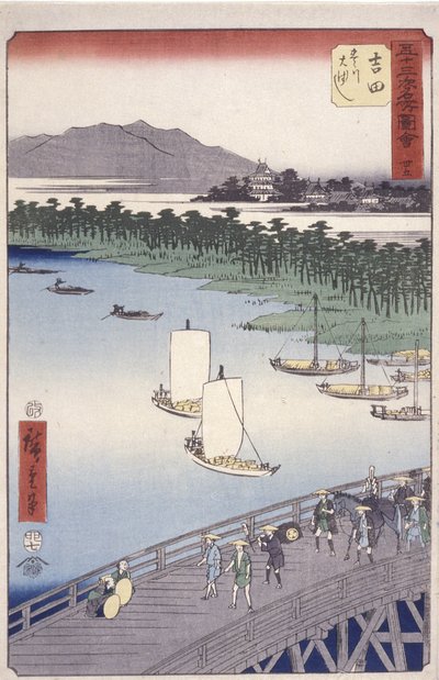Station 35, Yoshida; Kyoka Tokaido-serie (figuren die de voorgrond oversteken) door Ando or Utagawa Hiroshige