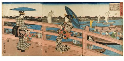 Zonsondergang bij de Ryogoku-brug uit de serie Acht Uitzichten van Beroemde Plaatsen in Edo door Ando or Utagawa Hiroshige