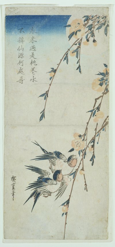 Zwaluwen en perzikbloesem in maanlicht door Ando or Utagawa Hiroshige