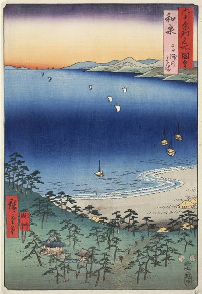 Takashi Beach in de provincie Izumi, nr. 4 uit de serie Afbeeldingen van beroemde plaatsen in de zestig-odd provincies, 1853 door Ando or Utagawa Hiroshige
