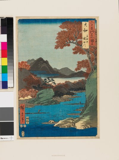 Tatsuta gebergte en de Tatsuta rivier door Ando or Utagawa Hiroshige