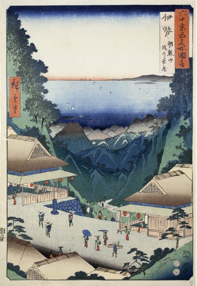 Theehuisjes bij de pas op de berg Asakuma in de provincie Ise, nr. 7 uit de serie Afbeeldingen van beroemde plaatsen in de zestig-odd provincies, 1853 door Ando or Utagawa Hiroshige