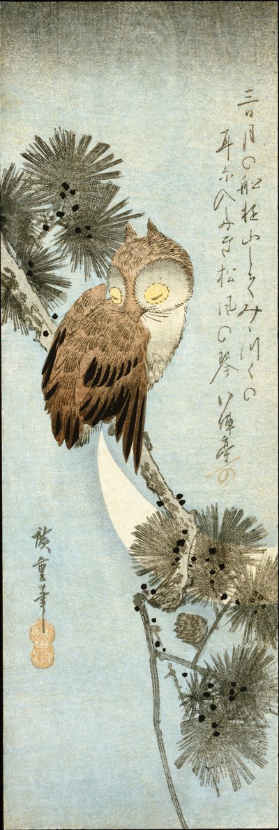 De Halve Maan en Uil op Dennentakken door Ando or Utagawa Hiroshige