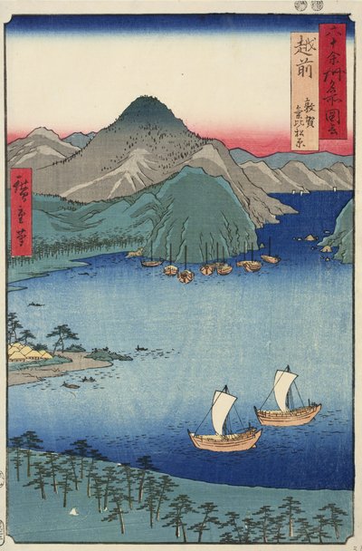 Het Pijnboombos van Kebi bij Tsuruga in de provincie Echizen, nr. 31 uit de serie Afbeeldingen van Beroemde Plaatsen in de Zestig-odd Provincies, 1853 door Ando or Utagawa Hiroshige