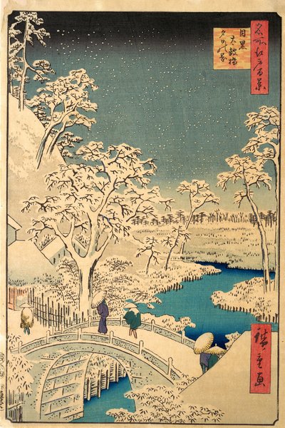 De Taiko-brug en de Yuhi-heuvel in Meguro, uit De Honderd Beroemde Zichten van Edo door Ando or Utagawa Hiroshige