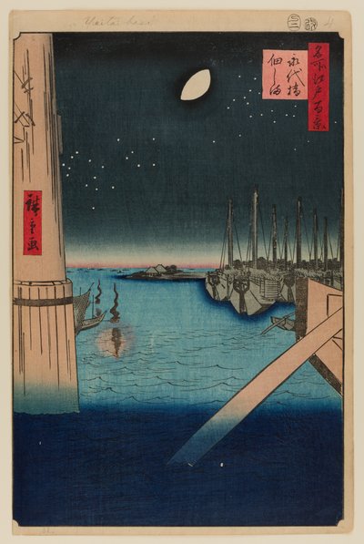 Tsukudajima vanaf de Eitai brug door Ando or Utagawa Hiroshige