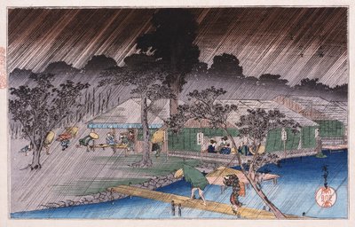 Schemerregen bij Tadasu Bank, uit de serie Beroemde plaatsen van Kyoto door Ando or Utagawa Hiroshige