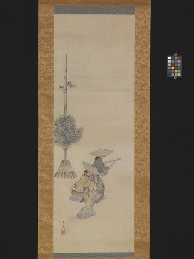 Twee vrouwen met hoeden dansen door Ando or Utagawa Hiroshige