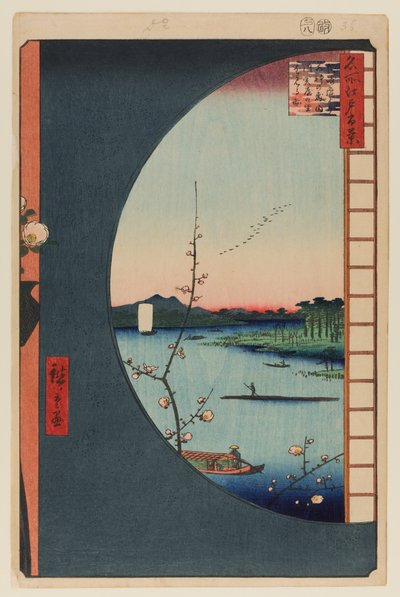 Uitzicht vanaf Massaki op Suijin Shrine, Uchigawa Inlet en Sekiya door Ando or Utagawa Hiroshige