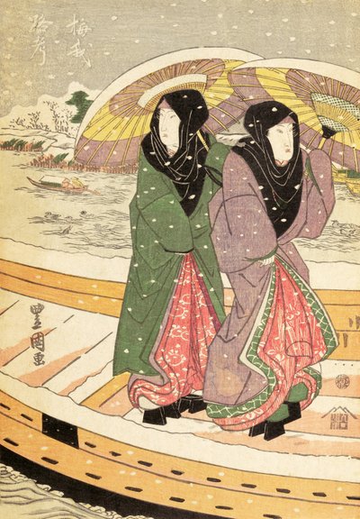 Vrouwen die over een brug in de sneeuw lopen door Ando or Utagawa Hiroshige