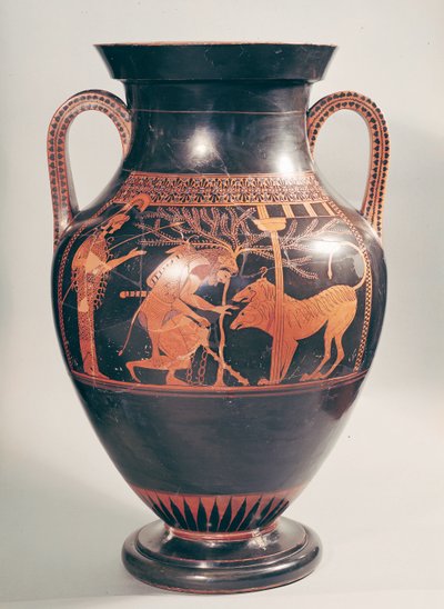 Attische roodfigurige buikamfoor met Herakles die Kerberus vangt, Grieks, uit Athene, 6e eeuw v.Chr. door Andokides Painter