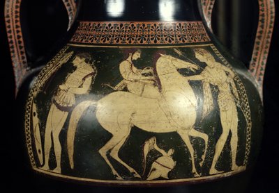 Attische wit-figuur amphora met amazones die zich voorbereiden op de strijd, ca. 525-520 v.Chr. (keramiek) (detail) door Andokides Painter