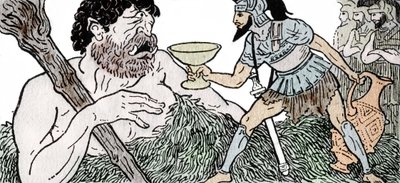 Odyssee van Homerus: Odysseus biedt een beker wijn aan Polyphemus, de Cycloop door Andre Bonamy