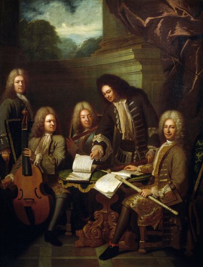 Componist Michel de la Barre dirigeert Marin Marais en fluitisten van de Kamer van de Koning door Andre Bouys