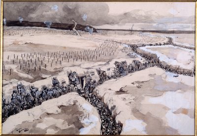 Voor een aanval. Soldaten in de loopgraven vlak voor de aanval in de winter van 1915 door Andre Devambez