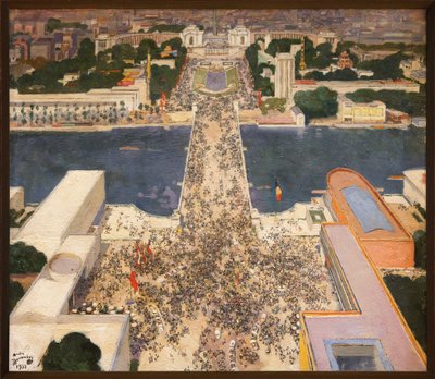De internationale tentoonstelling van 1937 gezien vanaf de tweede verdieping van de Eiffeltoren, Aan de voet van de heuvel van Chaillot staan de paviljoens van de Sovjet-Unie links en nazi-Duitsland rechts tegenover elkaar, Schilderij van Andre Devambez (1 door Andre Devambez