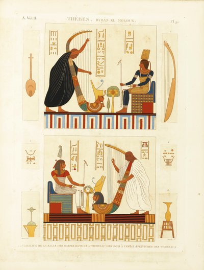 Schilderijen van twee harpisten in het graf van farao Ramses III in de Vallei der Koningen door Andre Dutertre
