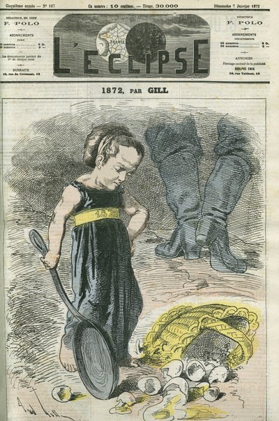 1872, een klein meisje kijkt naar haar mand met scheuren. Omslag in 