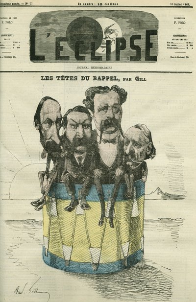 Auguste Vacquerie (1819-1895), Victor Hugo (1802-1885), Charles Hugo (1826-1871), en Paul Meurice (1818-1905), Franse letterkundigen door Andre Gill