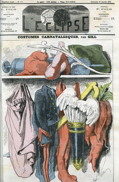 Carnavalskostuums, een kanonnierspak voor Napoleon III, de Republikeinse muts voor Duvernois, een beulskostuum voor Bismarck... Omslag in 