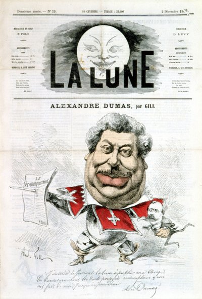 Cartoon en handtekening door Alexandre Dumas - door Gill in "La Lune" van 02/12/1866 door Andre Gill