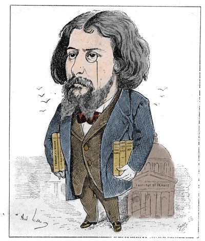 Cartoon door Alphonse Daudet (1840-1897), een Franse schrijver, afgebeeld met zijn boeken en zijn monocle voor het Institut de France in Parijs. Tekening door Andre Gill. Gravure in 