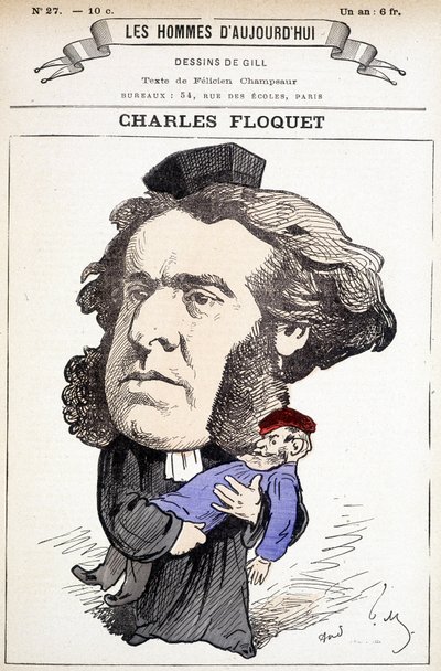 Cartoon door Charles Floquet (1828-1896), advocaat en voorzitter van de Raad tussen 1888 en 1889. Hij verwondde generaal Boulanger in een duel, wiens ideeën hij bestreed. Tekening door Gill in 