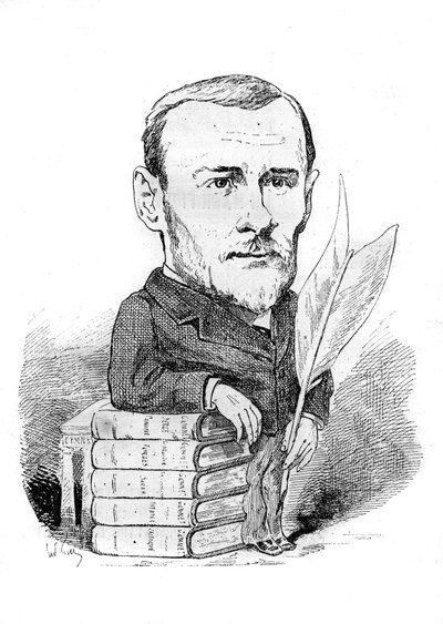 Cartoon door Georges Ohnet (1848-1918), een Franse schrijver, afgebeeld met zijn boeken en pen. Tekening door Andre Gill. Gravure in "Le Monde Illustré" door Andre Gill
