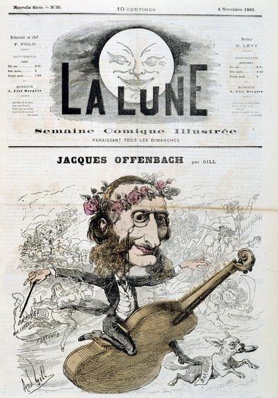 Cartoon van Jacques Offenbach (1819 - 1880), rijdend op een viool - door Gill in La Lune van 04/11/1866 door Andre Gill