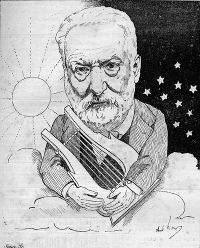Cartoon door Victor Hugo (1802-1885), een Franse schrijver, afgebeeld met een lier op een wolk in de lucht tussen dag en nacht. Tekening door Andre Gill. Gravure in 
