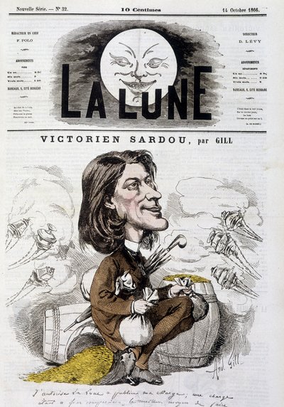 Cartoon door Victorian Sardou door Gill - Omslag van De Maan van 14/10/1866. door Andre Gill