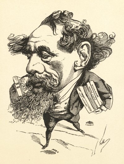 Cartoon van Charles Dickens die het Engelse kanaal oversteekt, 1868 door Andre Gill