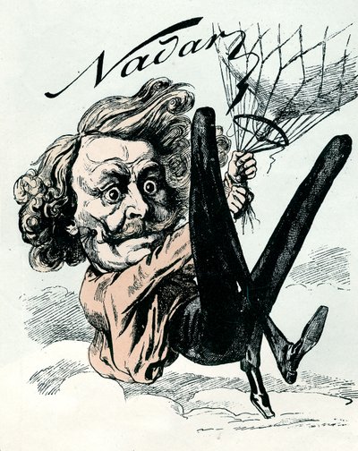 Cartoon van Felix Nadar, pionier van luchtfotografie in 1858, hier hangend aan zijn ballon (gravure) door Andre Gill