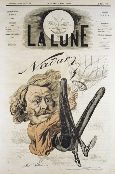 Cartoon van Felix Nadar, pionier van luchtfotografie in 1858, hier hangend aan zijn ballon door Andre Gill