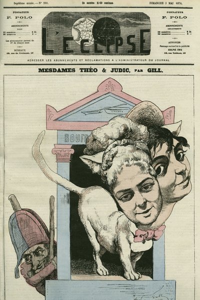 Cartoon van dames Louise Theo en Anna Judic, zangeressen in een toneelstuk van Jacques Offenbach (1819-1880), componist. Omslag in 