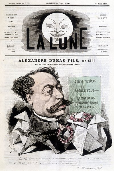 Striptekening over Alexandre Dumas Fils door Gill. Omslag 