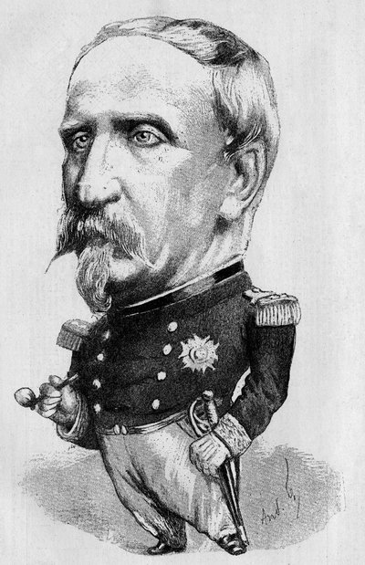 Tekening door Andre Gill die de Hertog van Aumale (1822-1897), Franse politicus en historicus, lid van de Franse Academie, voorstelt. Gravure in 