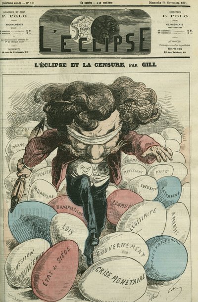 Eclips en censuur, een illustratie van Gill die op eieren loopt door Andre Gill